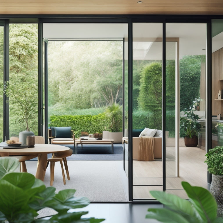 A serene, modern living space with sliding glass doors that disappear into the walls, blurring the line between a lush green outdoor garden and a sleek, minimalist interior with natural wood accents.