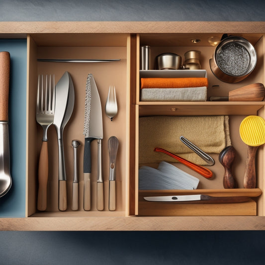 A cluttered kitchen drawer overflowing with tangled utensils, contrasted with a tidy, organized drawer featuring a divider system with separate compartments for forks, knives, and spoons.