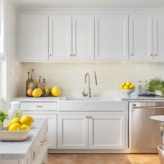 A bright, spotless kitchen with gleaming appliances, sparkling countertops, and a shining sink, surrounded by cleaning supplies and a few strategically-placed lemons, all set against a crisp white background.