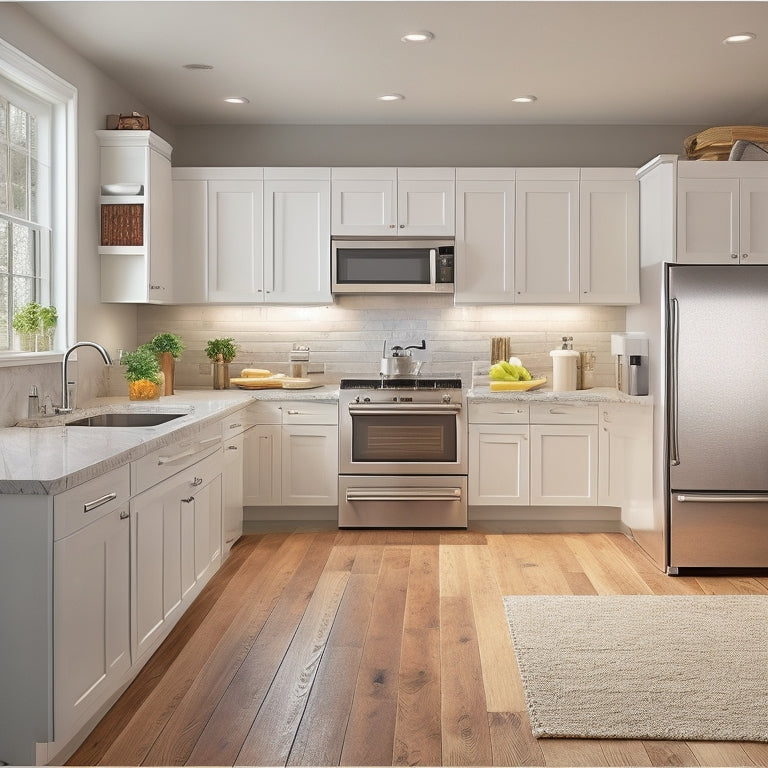 A modern kitchen with creamy white cabinets, warm wooden floors, and stainless steel appliances, featuring a custom glide-out riser with four spacious drawers and a built-in knife block.