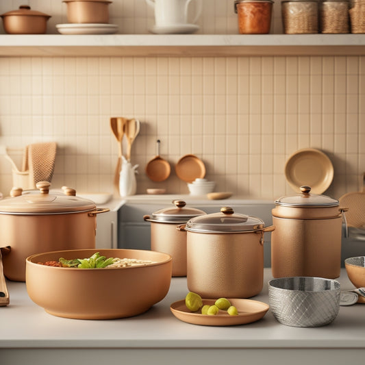 A tidy kitchen countertop with three lid racks in different sizes, each holding various pot lids, against a warm beige background with natural light and a few decorative kitchen utensils nearby.