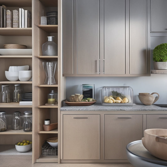 A sleek, modern kitchen corner cabinet with adjustable shelves, baskets, and a lazy Susan, showcasing a tidy arrangement of cookbooks, dinnerware, and gourmet food containers in a warm, natural light.