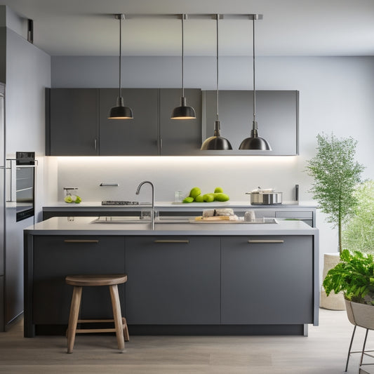 A sleek, modern kitchen with a U-shaped layout, featuring a stainless steel island, minimalist cabinetry, and a wall-mounted pot rack, illuminated by a trio of pendant lights above a quartz countertop.