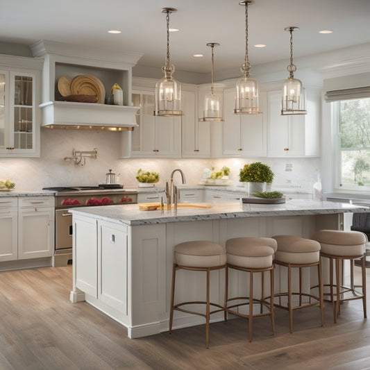 A serene, modern kitchen with cream-colored Thomasville cabinetry, sleek hardware, and quartz countertops, featuring a large island with built-in cooktop and pendant lights hanging above.