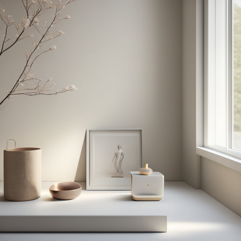 A serene, minimalist room with a few, carefully chosen decorative pieces, natural light pouring in, and a single, empty box in the corner, symbolizing a fresh start.