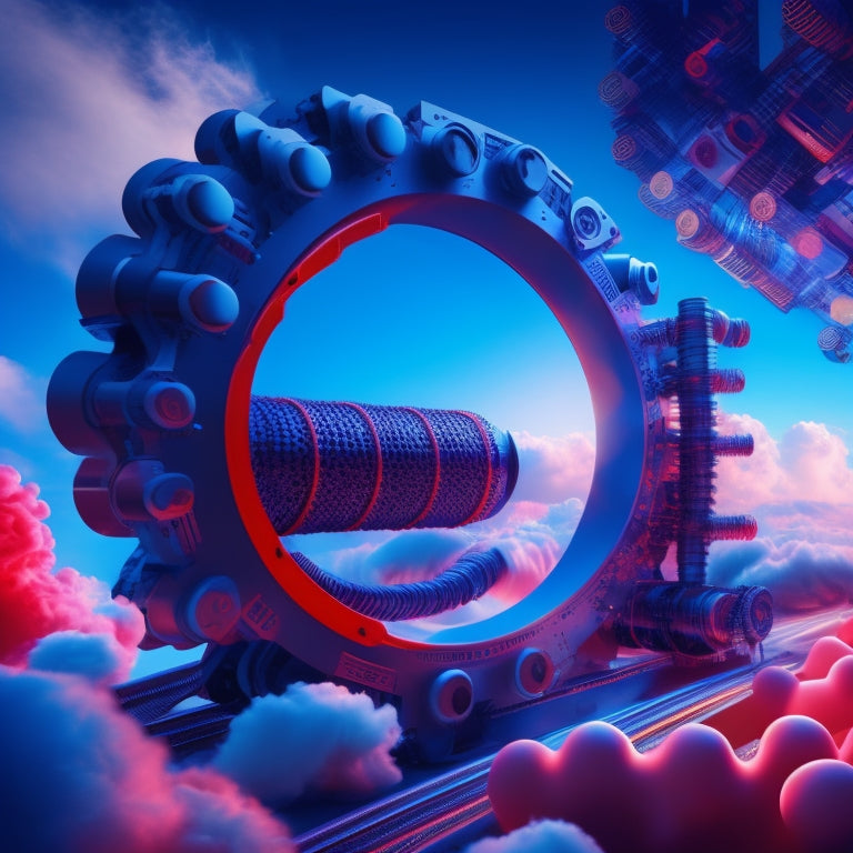 A futuristic, high-tech illustration depicting a pipeline with interconnected gears, wheels, and cogs in motion, surrounded by clouds, code snippets, and abstract shapes in shades of red and blue.