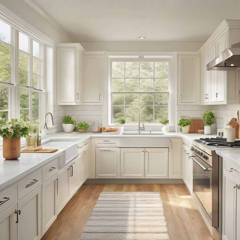 A serene, L-shaped galley kitchen with creamy white cabinets, warm wood accents, and stainless steel appliances, surrounded by soft, natural light pouring in through large windows.
