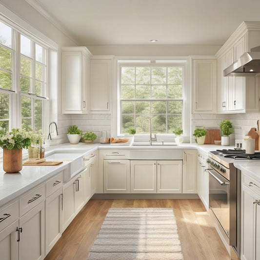 A serene, L-shaped galley kitchen with creamy white cabinets, warm wood accents, and stainless steel appliances, surrounded by soft, natural light pouring in through large windows.