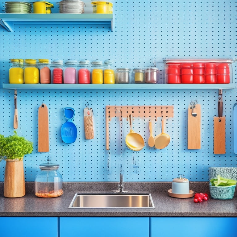 A bright, modern kitchen with utensils and gadgets arranged in a tidy, vertical pegboard, adjacent to a countertop with a few neatly placed jars and a small, sleek drawer organizer.