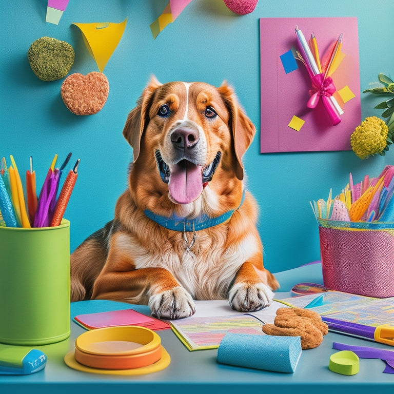 A colorful illustration of a happy dog sitting on a desk, surrounded by colorful pens, sticky notes, and a partially filled-out planner with paw prints and dog treats incorporated into the design.