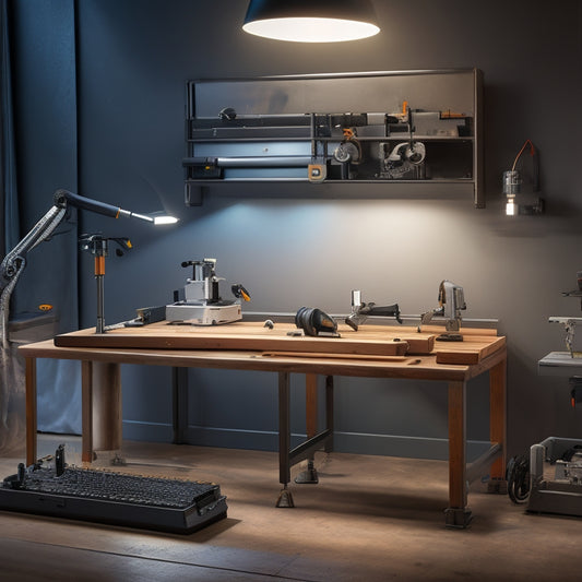 A well-lit, modern workshop scene featuring a variety of Blum's precision tools, including a hinge insertion machine, a lever-operated clamp, and a precision drill press, organized on a sleek, grey workbench.