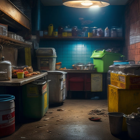 A dimly lit, grimy commercial kitchen with overflowing trash cans, expired food labels, and rusty equipment, featuring a prominent "C" health grade sign on the wall, surrounded by flies and cockroaches.