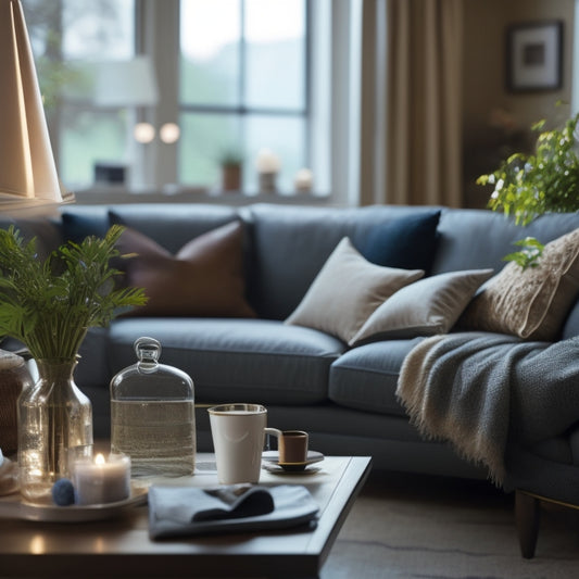 A serene, well-lit living room with a few strategically placed cleaning supplies, a vacuum cleaner in the corner, and a single, neatly folded cleaning cloth on a clutter-free coffee table.