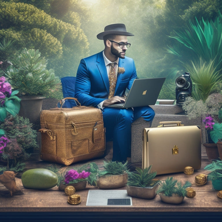 A vibrant, modern illustration depicting a person surrounded by various lucrative side hustle symbols, such as a laptop, camera, and briefcase, with golden coins and plants growing around them.