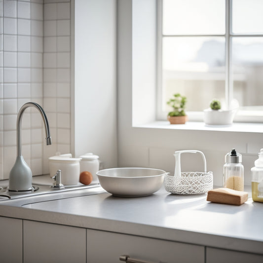 A tidy, minimalist kitchen sink area with a small soap dispenser, a compact dish rack, and a few neatly arranged utensils, set against a clean, white background with warm, natural light.