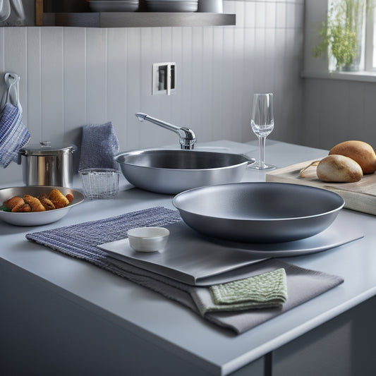 A clean and modern kitchen countertop with a sleek, stainless steel John Boos sink cover holder in the center, holding a neatly arranged stack of plates, utensils, and kitchen towels.