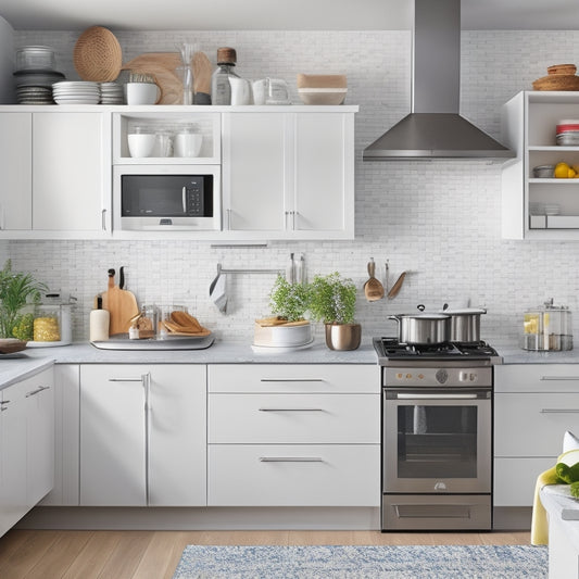 A bright, modern kitchen with sleek countertops, white cabinets, and a stainless steel appliance, featuring a pull-out pot and pan organizer with neatly stacked cookware in various sizes, and a few utensils hanging from hooks.