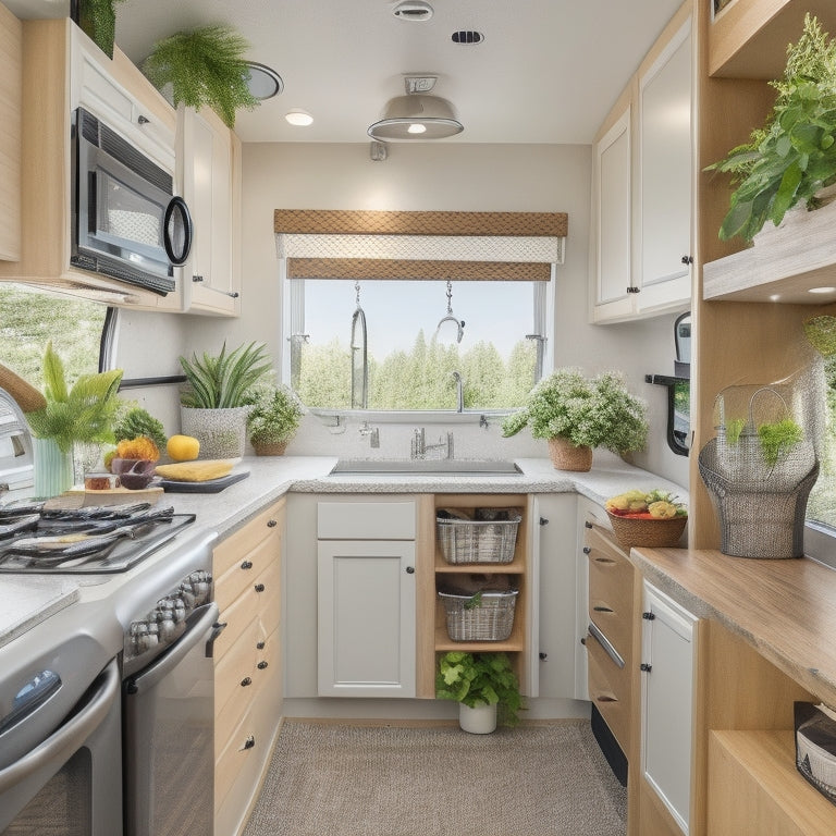 A clutter-free RV kitchen with sleek, silver cabinets, a utensil organizer on the wall, and a pull-out pantry with labeled baskets, surrounded by warm, natural light and a few potted plants.