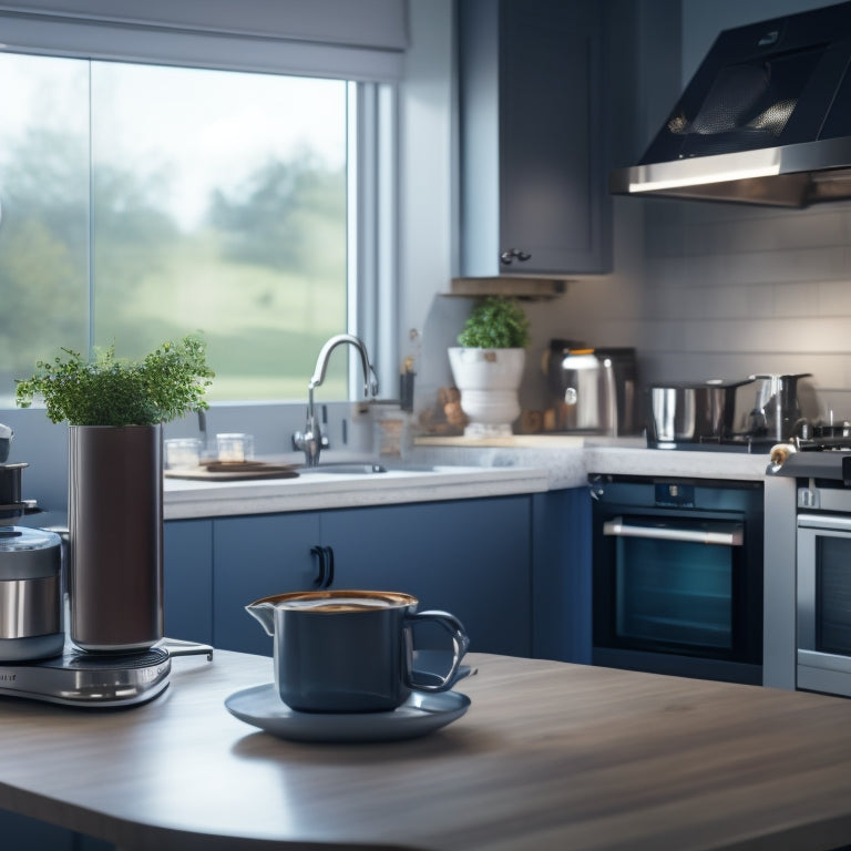 A modern kitchen with sleek countertops and stainless steel appliances, featuring a robotic arm stirring a pot on the stovetop, while a smart coffee maker brews in the background.