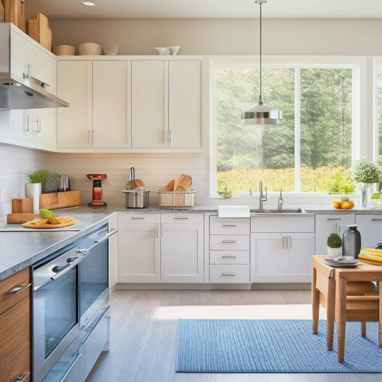 A bright, modern kitchen with sleek white cabinets, a stainless steel island, and a large window letting in natural light, featuring a pegboard with hanging utensils and a pull-out trash can.