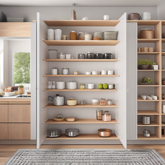 A modern kitchen with sleek, handle-less cabinets, featuring a pull-out spice rack, a utensil organizer, a lazy Susan corner cabinet, and a vertical dividers storage system.