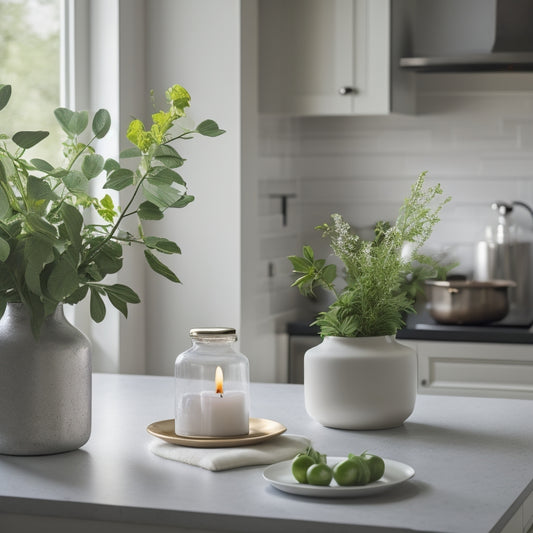 A serene kitchen with clutter-free countertops, featuring a few strategically-placed, minimalist decorative items, such as a small potted plant, a vase with fresh flowers, and a single, elegant candle.