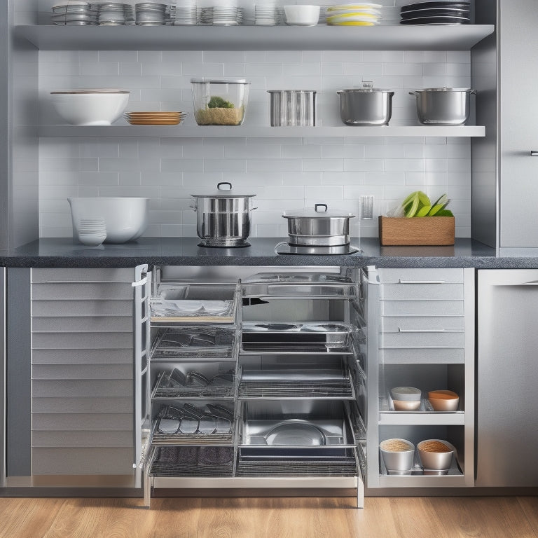 A modern, sleek kitchen cabinet with Rev-A-Shelf's cookware organizer system installed, featuring gleaming stainless steel dividers and soft-close drawers, with pots, pans, and lids neatly arranged and easily accessible.