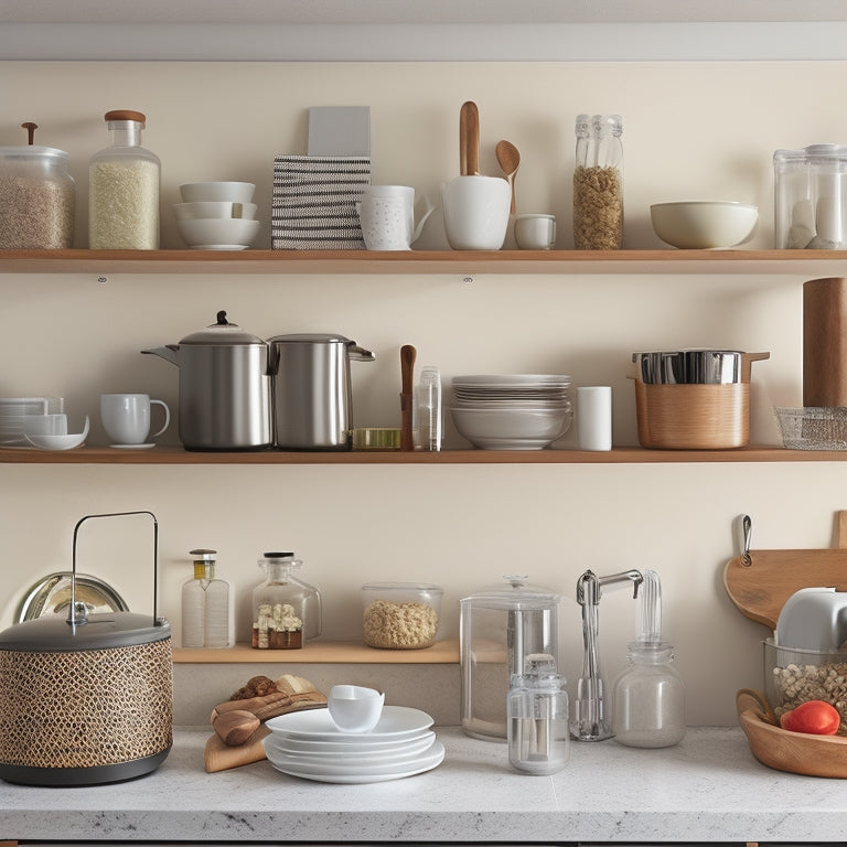 An organized kitchen countertop with a sleek, modern aesthetic, featuring a built-in utensil organizer, a compact coffee maker, and a tiered shelving unit holding cookbooks and decorative jars.