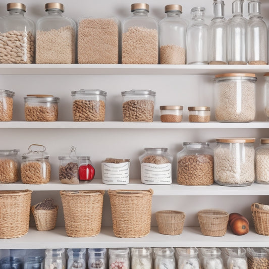 A bright, organized kitchen pantry with a mix of clear glass jars, woven baskets, and labeled canisters on adjustable shelves, surrounded by a clean, white background.