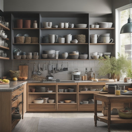 A cluttered kitchen with stacked plates, utensils, and cookbooks spilling out of overflowing cabinets, contrasted with a sleek, organized kitchen featuring retractable spice racks, pull-out drawers, and a minimalist island.