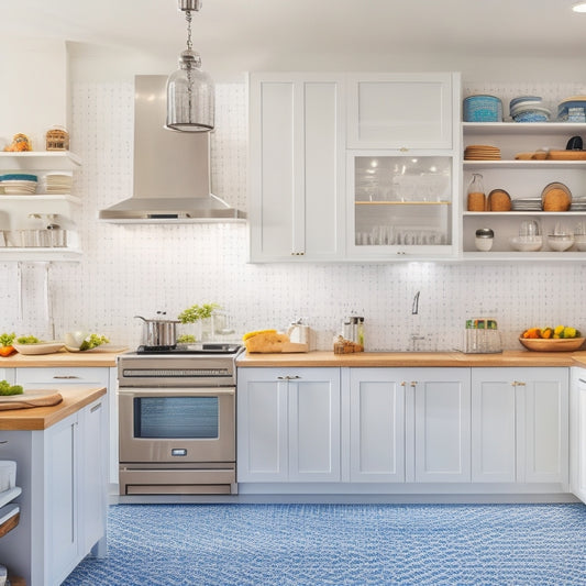 A bright, modern kitchen with sleek white cabinets, stainless steel appliances, and a large island in the center, featuring a pegboard with hanging utensils, baskets, and a utensil organizer.