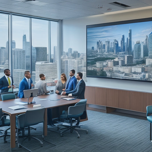 A modern corporate conference room with a large screen displaying a compliance training module, surrounded by diverse staff members engaged and taking notes, with a subtle cityscape outside the window.