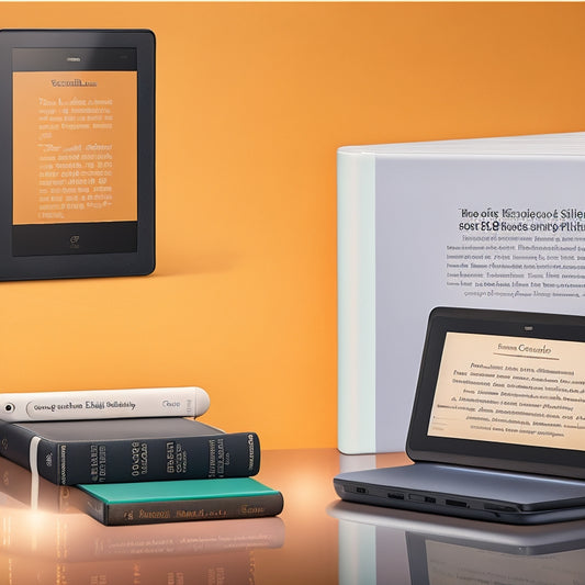 A split-screen image comparing the new Kindle lineup, with each device shown in a different color and angle, surrounded by subtle e-reader-inspired design elements, such as book spines and reading lamps.