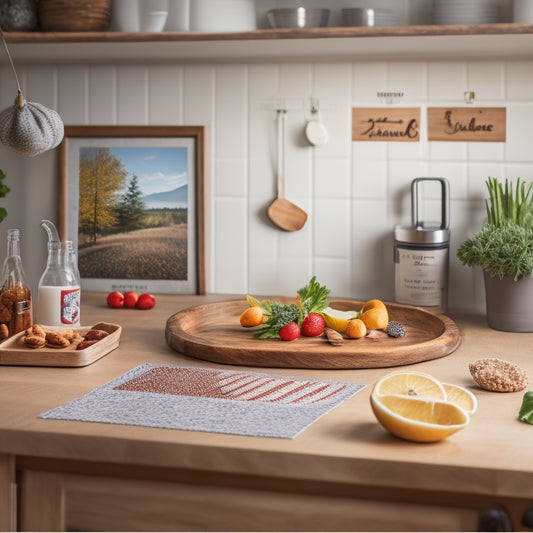 A serene kitchen scene with a tidy island, a few healthy snacks on a wooden cutting board, and a calendar on the wall with a few organized notes and stickers.