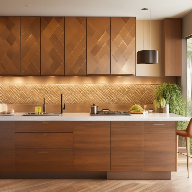 A modern kitchen with sleek, high-gloss cabinets, a waterfall island with a built-in cooktop, and a backsplash featuring a geometric pattern of interlocking wooden tiles in a warm, honey-brown hue.