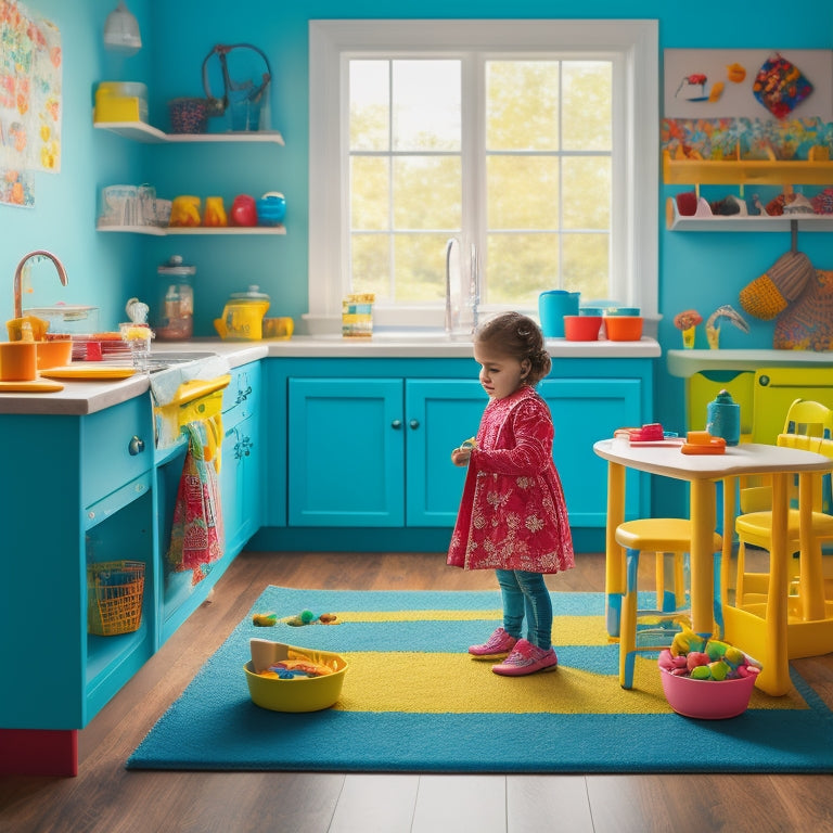 A vibrant, sunlit playroom scene featuring a miniature kitchen set, complete with toy utensils, play food, and a cheerful, curious child (age 4-6) engaged in imaginative cooking play.