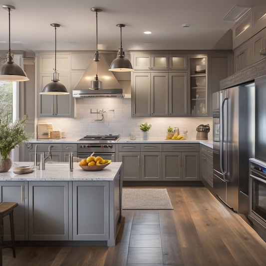 A modern kitchen with warm lighting, showcasing a U-shaped layout, ample counter space, and strategically placed appliances, with a large island in the center, surrounded by a mix of open and closed cabinetry.