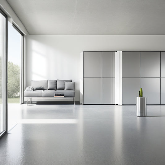 A minimalist, modern room with polished concrete floors, featuring a sleek, silver steel storage unit with sliding doors, surrounded by sparse, industrial-chic decor and plenty of natural light.