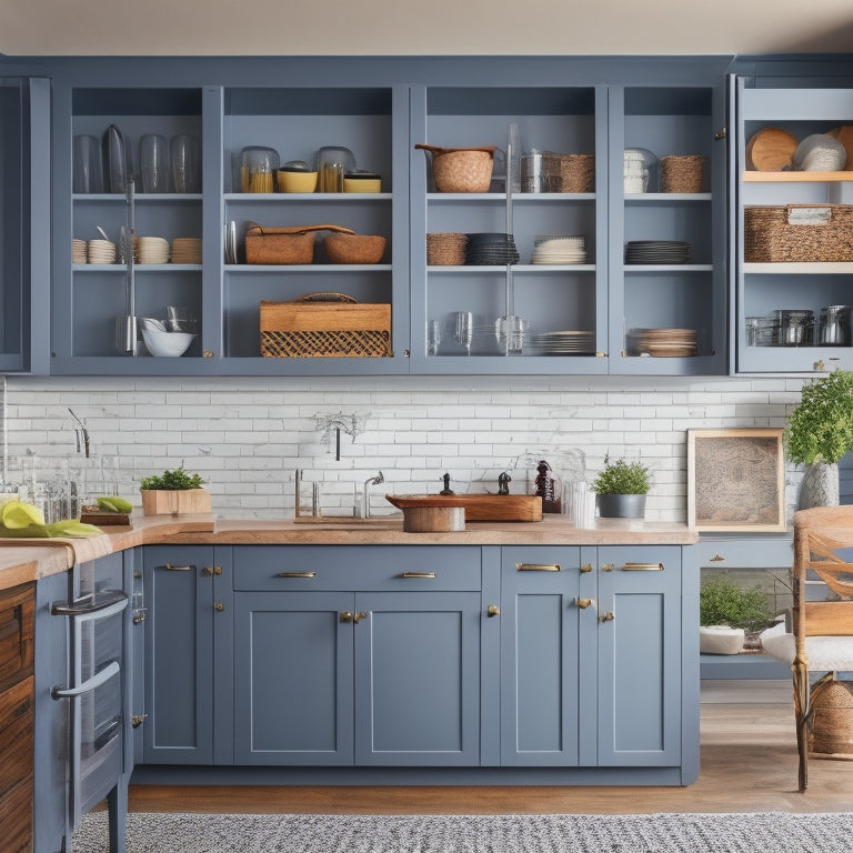 A bright, modern kitchen with custom storage solutions: a floor-to-ceiling cabinet with pull-out drawers, a kitchen island with built-in wine rack, and a pegboard with hanging utensils and pots.