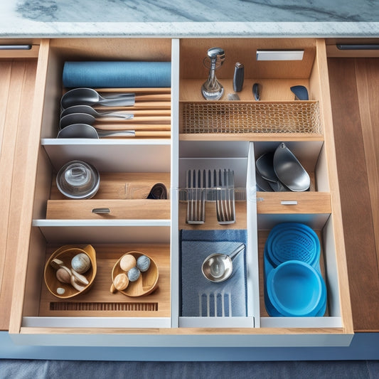 A tidy kitchen drawer with a custom divider system, featuring separate compartments for utensils, including a section for spatulas, a tray for kitchen shears, and a holder for a stand mixer's attachments.