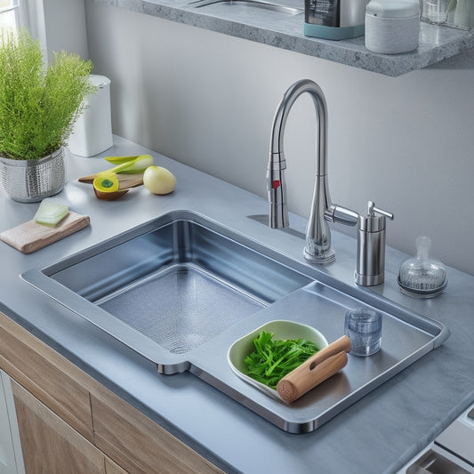 A sleek, modern kitchen sink with a stainless steel organizer system installed, featuring a divided tray, soap dispenser, and sponge holder, surrounded by gleaming countertops and a few kitchen utensils.