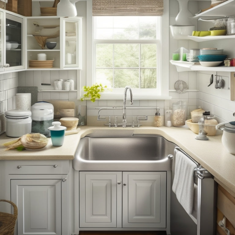 A cluttered galley kitchen with a small sink, surrounded by messy countertops, tangled utensils, and overflowing cabinets, contrasted with a clean and organized sink area featuring a pull-out faucet, built-in soap dispenser, and tiered storage.