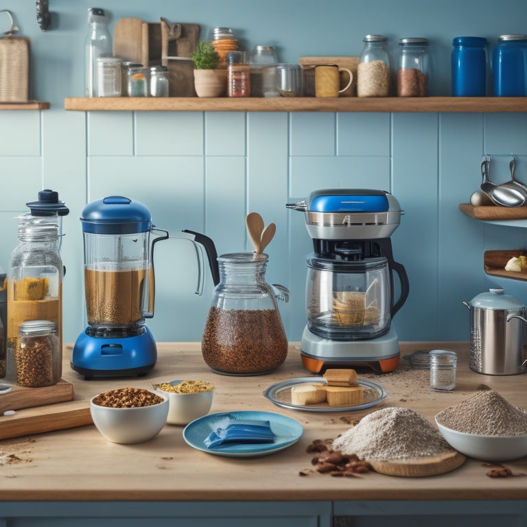 A cluttered kitchen countertop with a toaster, blender, and coffee maker pushed to the back, surrounded by scattered jars, utensils, and appliances, with a few crumbs and spills scattered around.