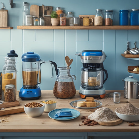 A cluttered kitchen countertop with a toaster, blender, and coffee maker pushed to the back, surrounded by scattered jars, utensils, and appliances, with a few crumbs and spills scattered around.