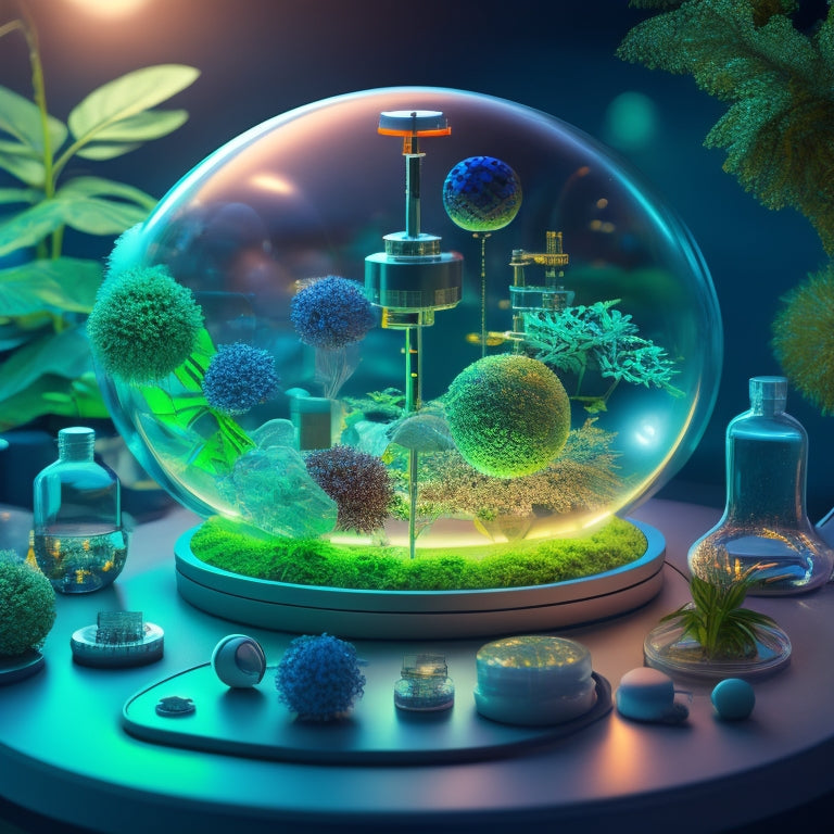 Generate an image depicting a futuristic laboratory setup with various petri dishes, microscopes, and pipettes surrounding a central, glowing orb containing a 3D model of a plant's cellular structure.