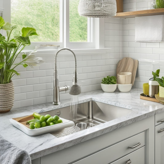 A beautifully organized kitchen sink area with a stainless steel sink, a modern faucet, and a sleek, white quartz countertop, featuring a built-in soap dispenser, a utensil tray, and a decorative woven basket.