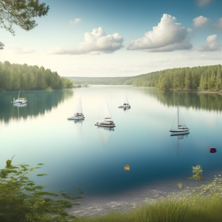 An illustration of a serene lake with a few sailboats in the distance, surrounded by lush greenery, with a subtle overlay of molecular structures and droplets, conveying the intersection of water quality and safety.