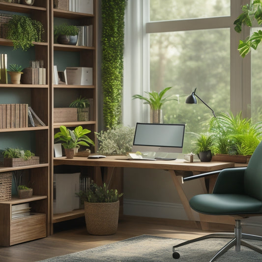 A tidy, modern home office with a wooden desk, a comfortable ergonomic chair, and a bookshelf with neatly labeled binders, surrounded by lush green plants and soft, warm lighting.