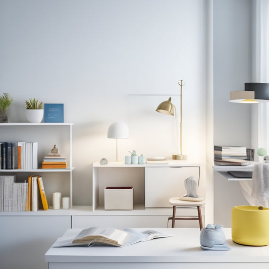 A serene, well-lit room with a minimalist aesthetic, featuring a sleek, white desk with a few, carefully-placed storage bins and a few, artfully-arranged, colorful books on a shelf.