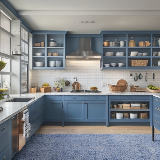 A modern kitchen with sleek countertops, a large island, and a wall of floor-to-ceiling cabinets, showcasing organized storage with pull-out shelves, baskets, and a pegboard with utensils and cookware.